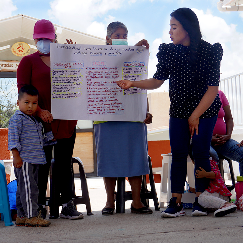 Photo: María de Jesús (first from right to left) explaining our water issues to a group of members from the community of Salitrillo.