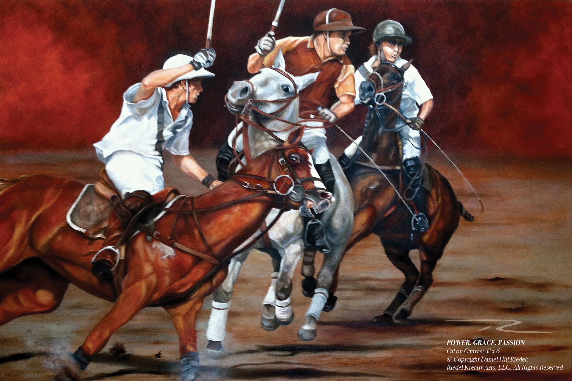 Oil painting of polo match. Large image of polo players and horses in motion. 4' x 6' oil on canvas.