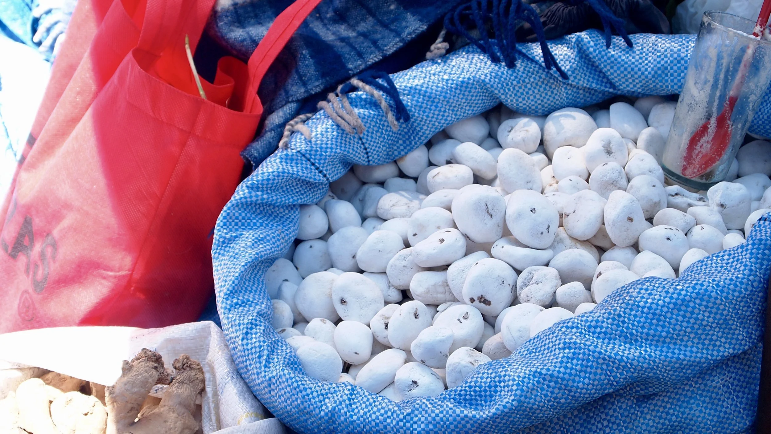 A bag of white, freeze dried potato known as chuno ( El Alto markets, Bolivia )