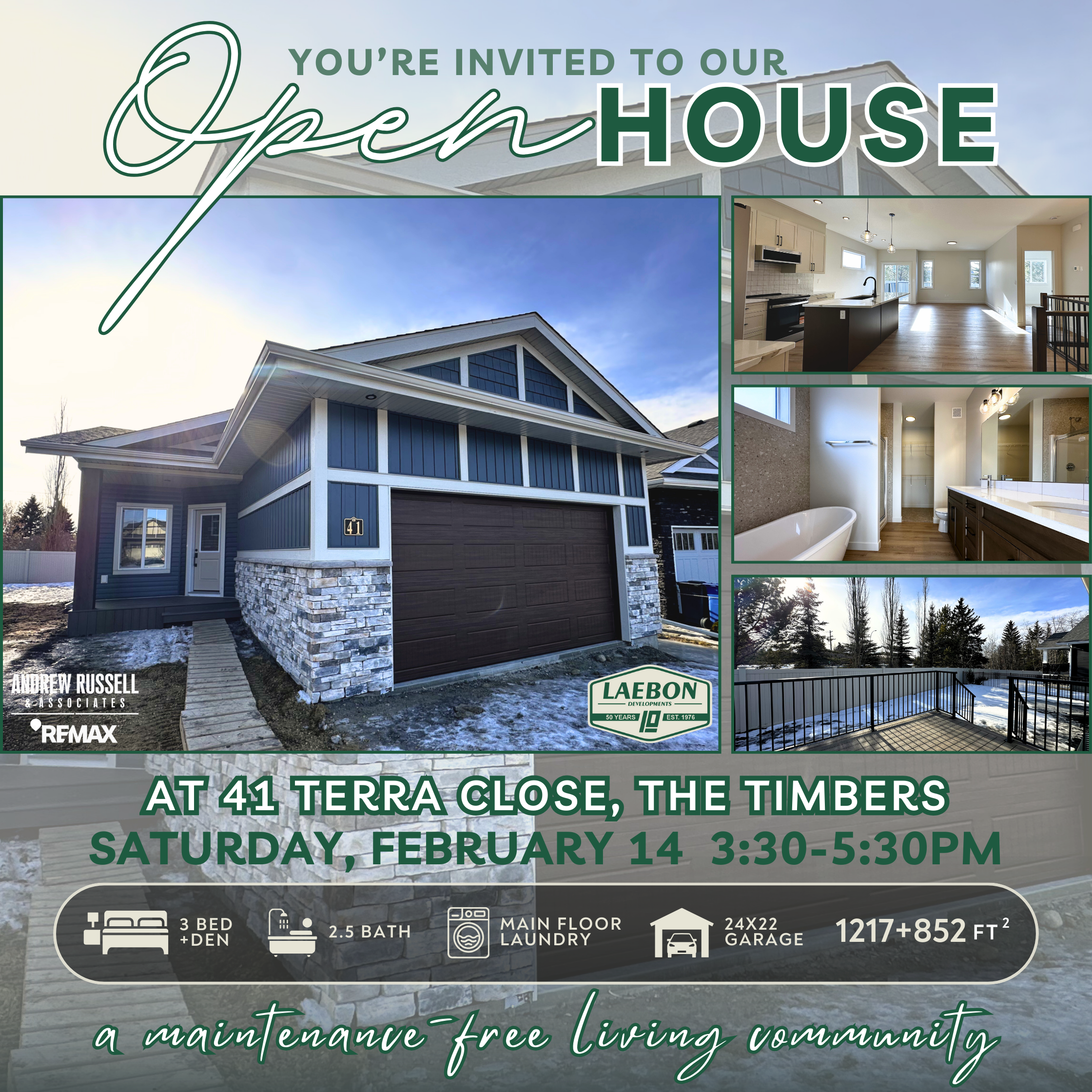    41 Terra Close     MOVE-IN READY   The Timbers  1217+852 sqft / Full Bungalow 3 Bedrooms+Den / 2.5 Bathrooms $699,900    DETAILS     