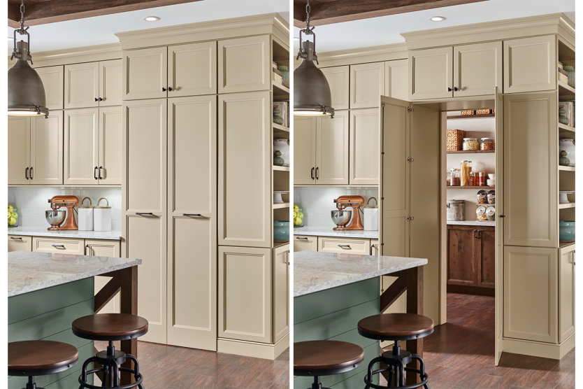 Hidden walk in pantry   The extra large walk-in pantry is accessed directly from the kitchen behind what appear to be broom closet or cabinet pantry doors. Keep in mind you need more floor space to create a hidden pantry.