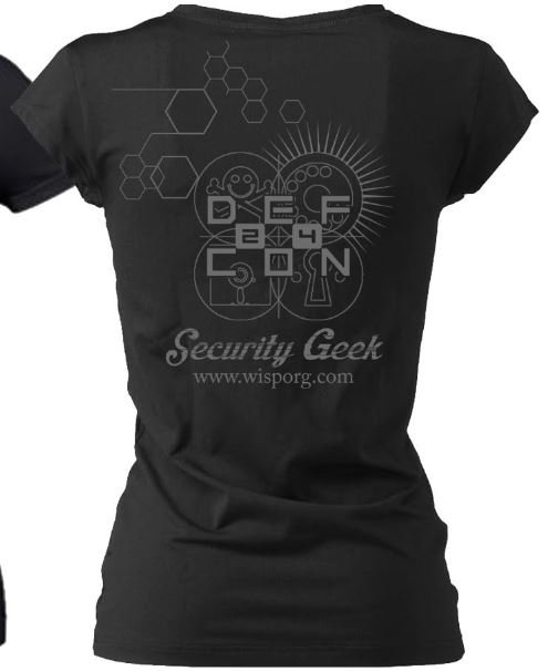 Our WISP DEF CON 24 T-shirt, which was available in women's and men's sizes up to 2XL.
