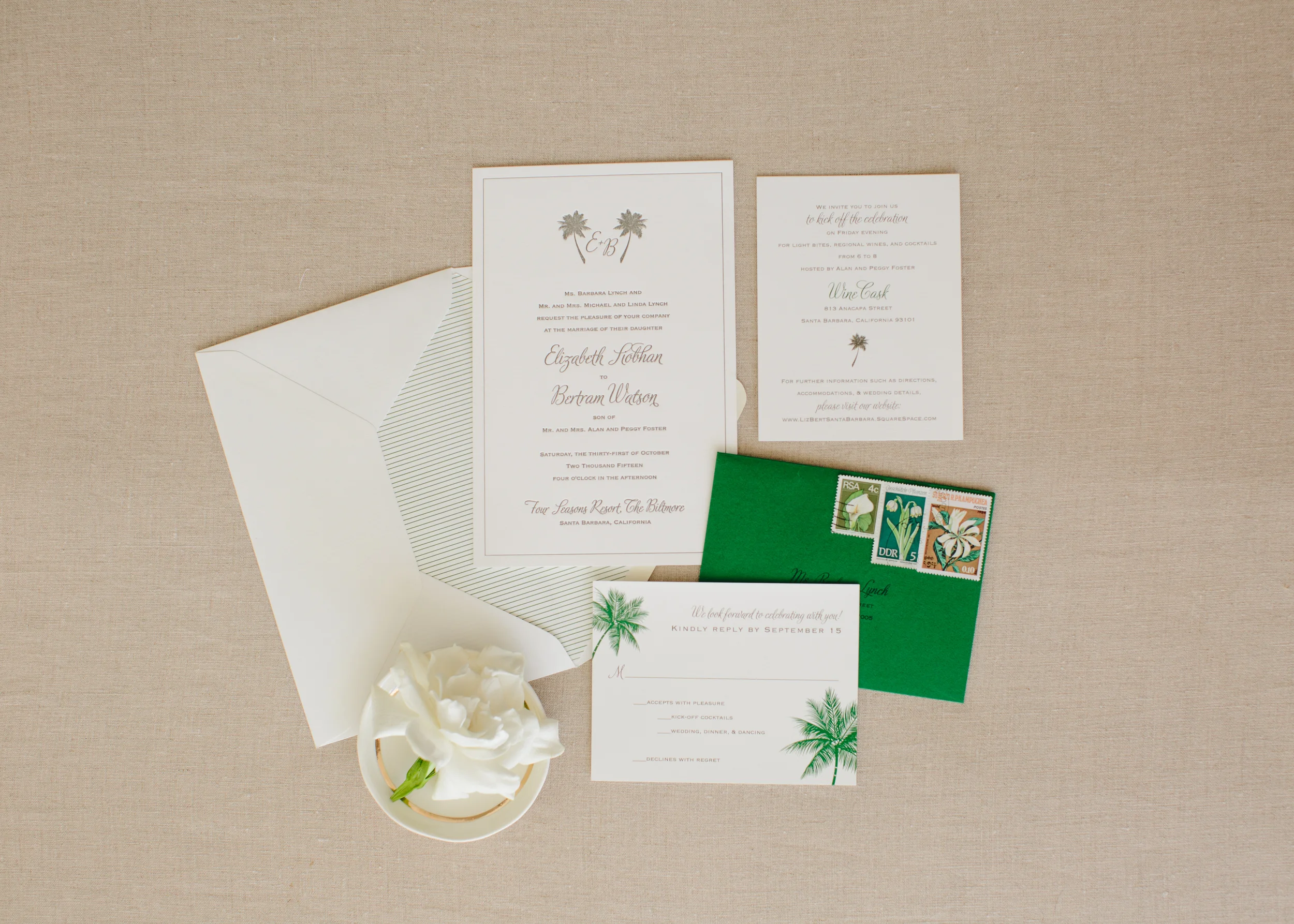copperwillow.com | 100 Layer Cake classic Santa Barbara wedding feature | Green letterpress invitation