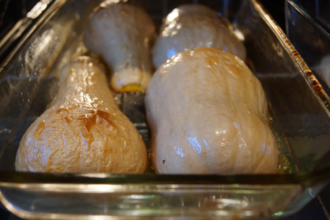 Bake face-down on a oiled pan until skin becomes brown and blistered.