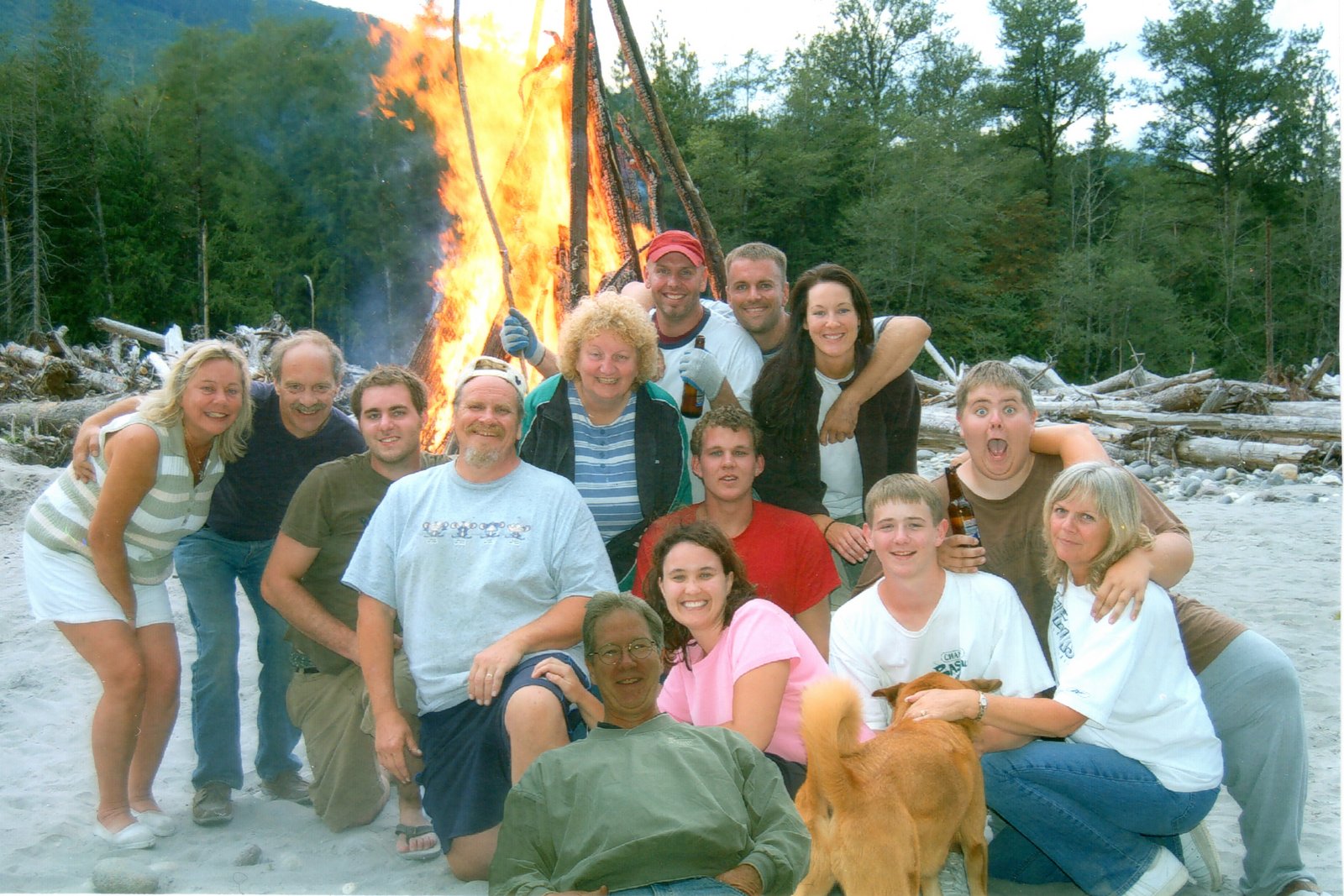 Linda at a bonfire with her friends and family