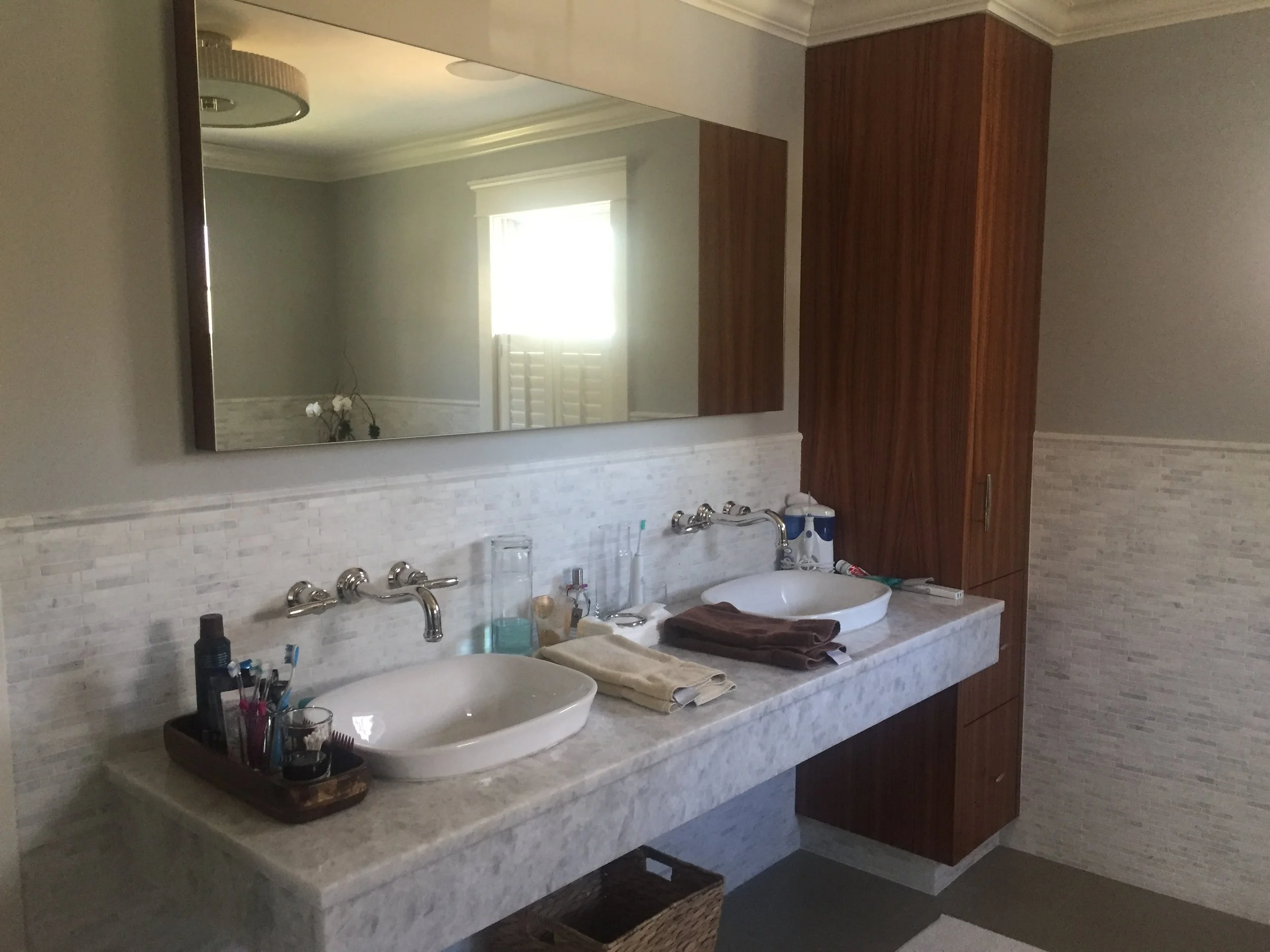  master bathroom with ribbon mahogany veneer custom designed cabinets 