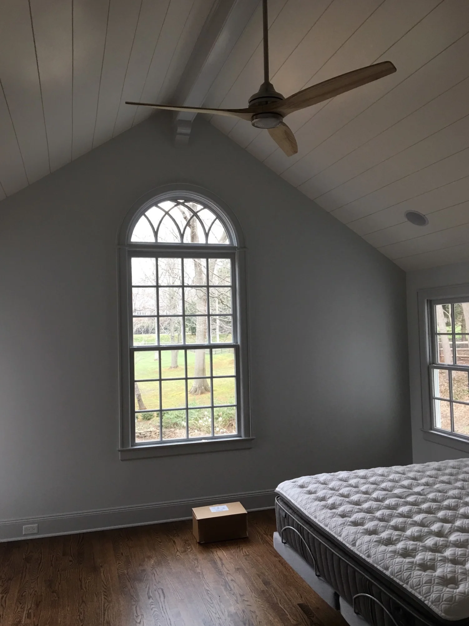 master bedroom with shiplap Aframe ceiling 