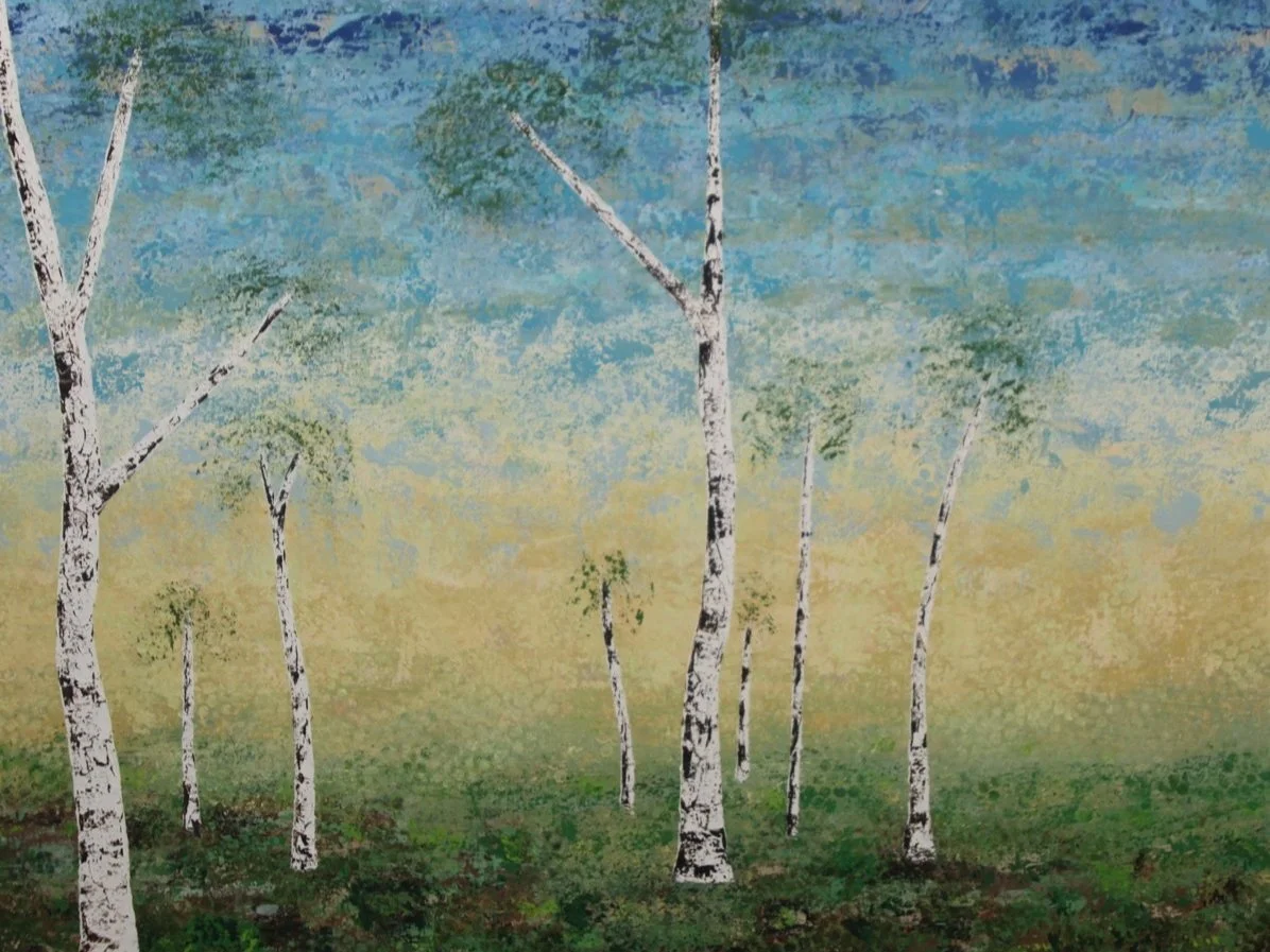 A painting of a forest scene with birch trees and a blue sky with clouds.