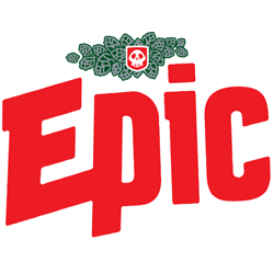 Epic logo with red text, green foliage, and a skull in the center of the foliage.