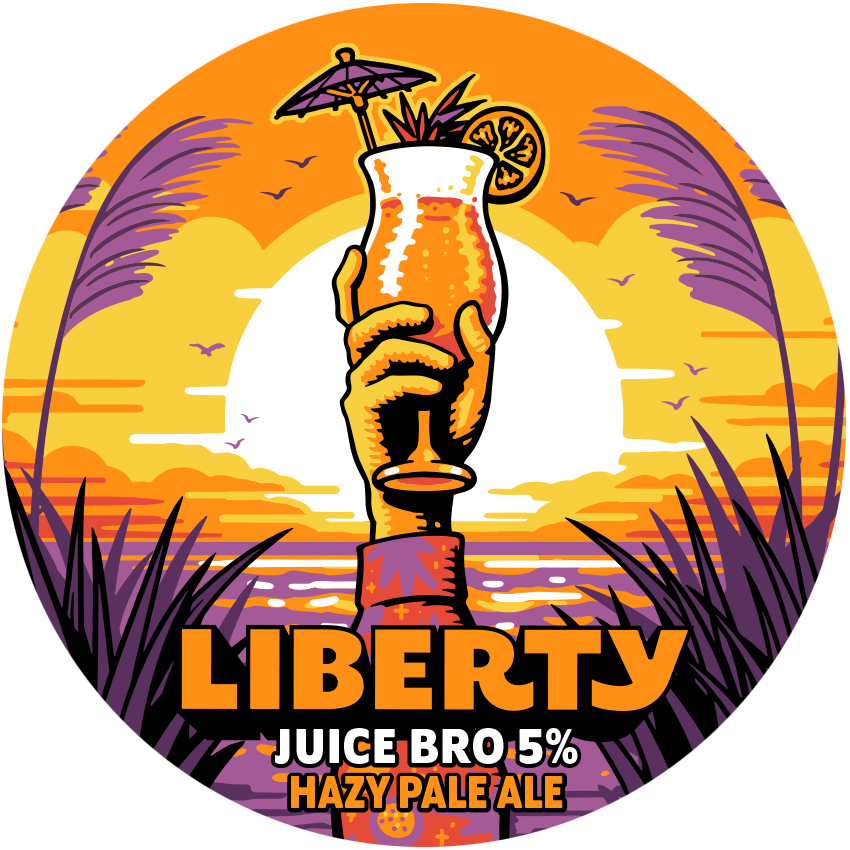 A colorful illustration of a hand holding a tropical cocktail glass with a small umbrella and slice of citrus fruit, set against a sunset with purple palm leaves and a body of water, featuring the word "Liberty" and product details for a juice bro 5% hazy pale ale.