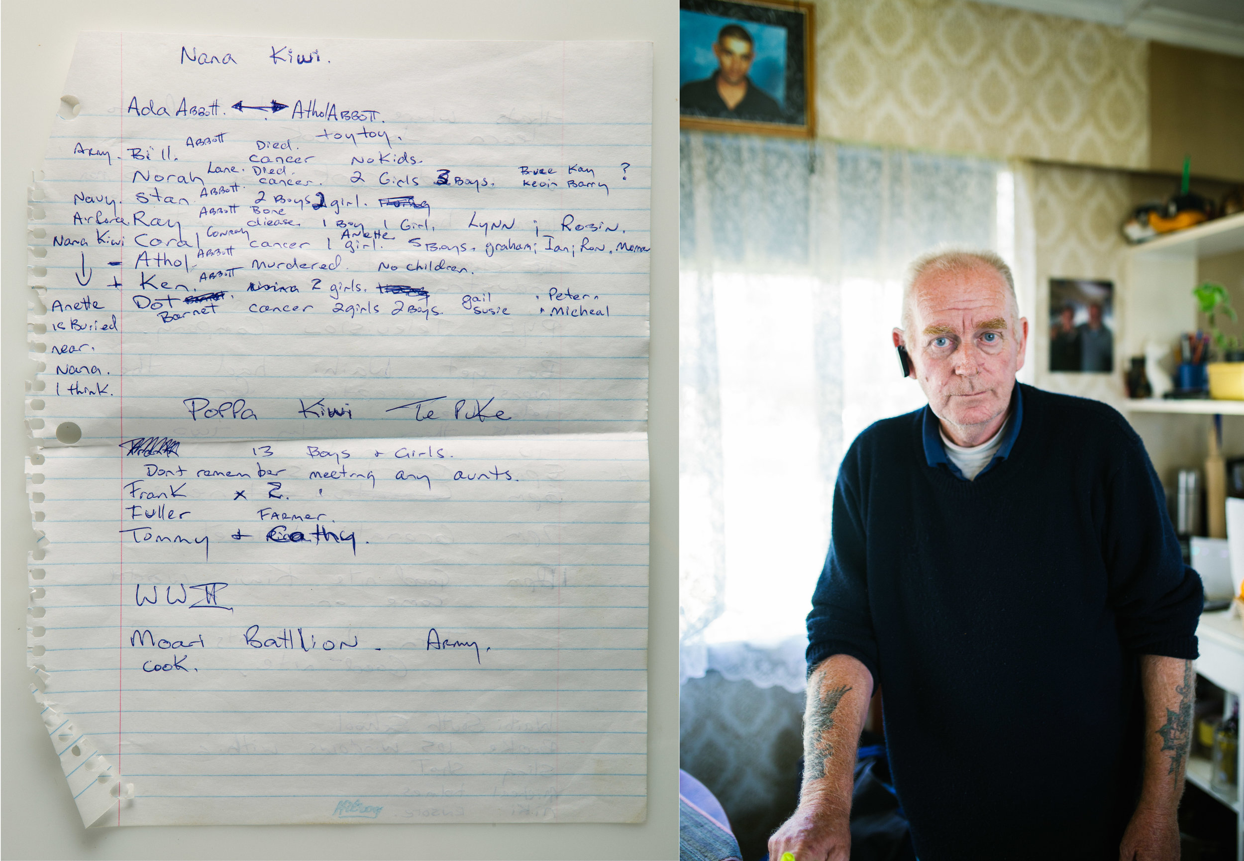 June 13 2017 / May 7 2017. Before I left for New Zealand, my father's anxiety increased significantly and he provided me with a pile of hand-written notes outlining aspects of his life in New Zealand, the family, the land, etc. On this specific page, my father breaks down the family tree alongside causes of death. Paired with these notes is a portrait of my Uncle Graham - my father's brother who has significant distance from the family. When meeting and interacting with some of my father's brothers (my uncles), I noticed various similarities both in physical appearance and character between them and my father. I took this portrait in the short 20 minute visit we shared.