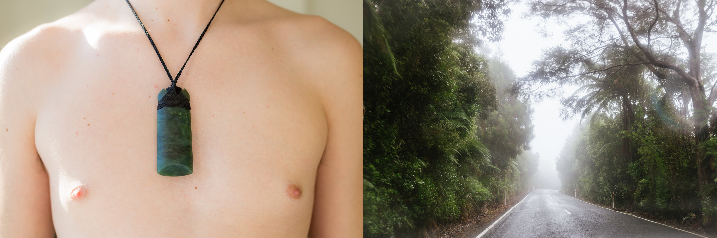January 16 2016 / May 10 2017. My sister visited Canada in 2015 and gave my brother this greenstone pendant which was intended for and represented the "man of the house". My brother proudly wore and continues to wear this piece, depsite the bruises it leaves from it's weight. I photographed my brother wearing this piece inside my dorm room on a weekend visit from him in my first year of college. On one of my final days in New Zealand, my sister took me to the beach, despite the rainy and heavy fog. The luscious environment that my father had always described felt more vibrant than ever that day.