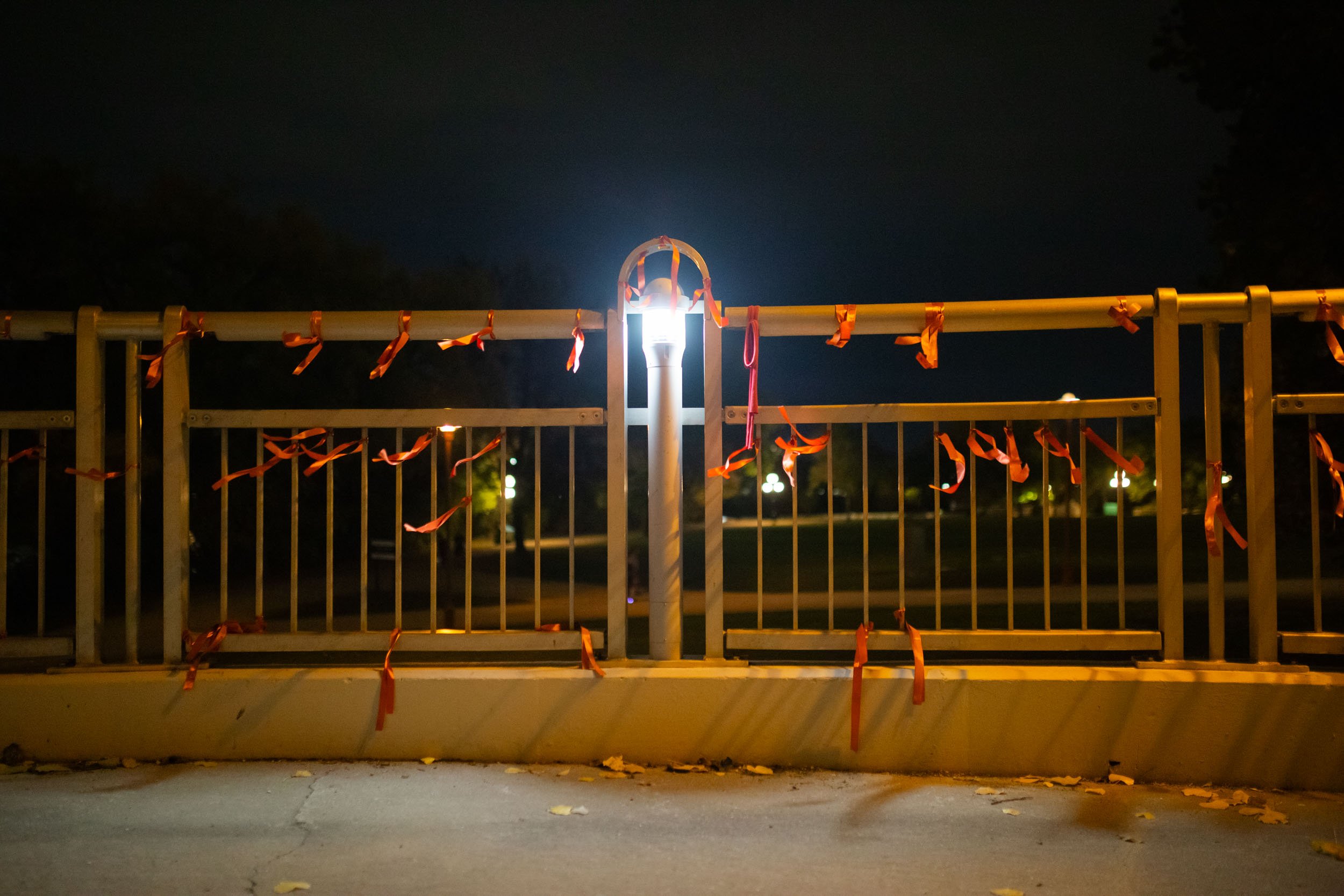  Multiple orange ribbons with names and dates of Missing and Murdered Indigenous Women, Girls and Two Spirits are tied to the Provencher bridge as part of Camp Marcedes actions near the Canadian Museum for Human Rights.   Missing and Murdered Indigen