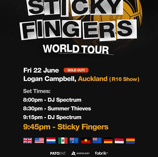 Set times are out for the two x sold out shows in Auckland this weekend! #fabrik #stickyfingers #stickyfingersband
