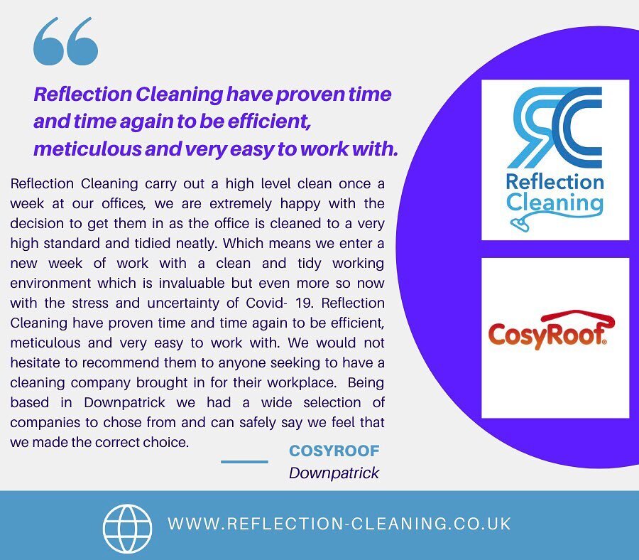 Check out this fantastic testimonial we have received from one of our valued commercial clients, @cosyroof , Downpatrick. Thank you for your kind words 🤩 #reflectioncleaning #commericalcleaning #countydown #supportlocalbusinesses #cosyroof