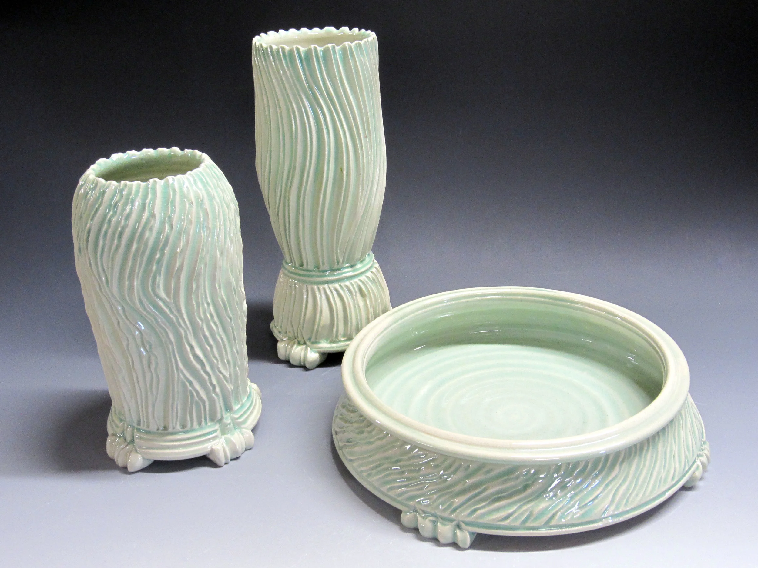 Ikebana Containers Carved - Light Green Celadon Glaze