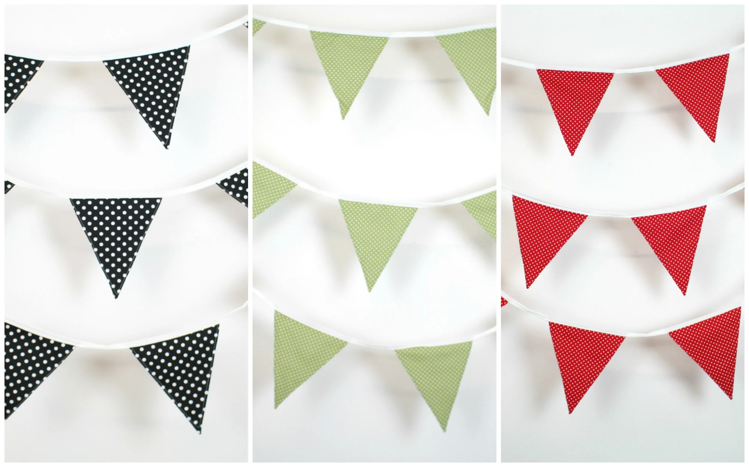 Hand sewn triangular cotton poplin bunting: Black and White 1 - 9.2m, Black and White 2 - 9.3m, Sage Green and White - 9.6m, Red and White - 8.5m Flags measure 18.5 cm wide x 21 cm high Flags are double sided for ease of hanging. HIRE: £2 per metre BUY: £7.50 per metre