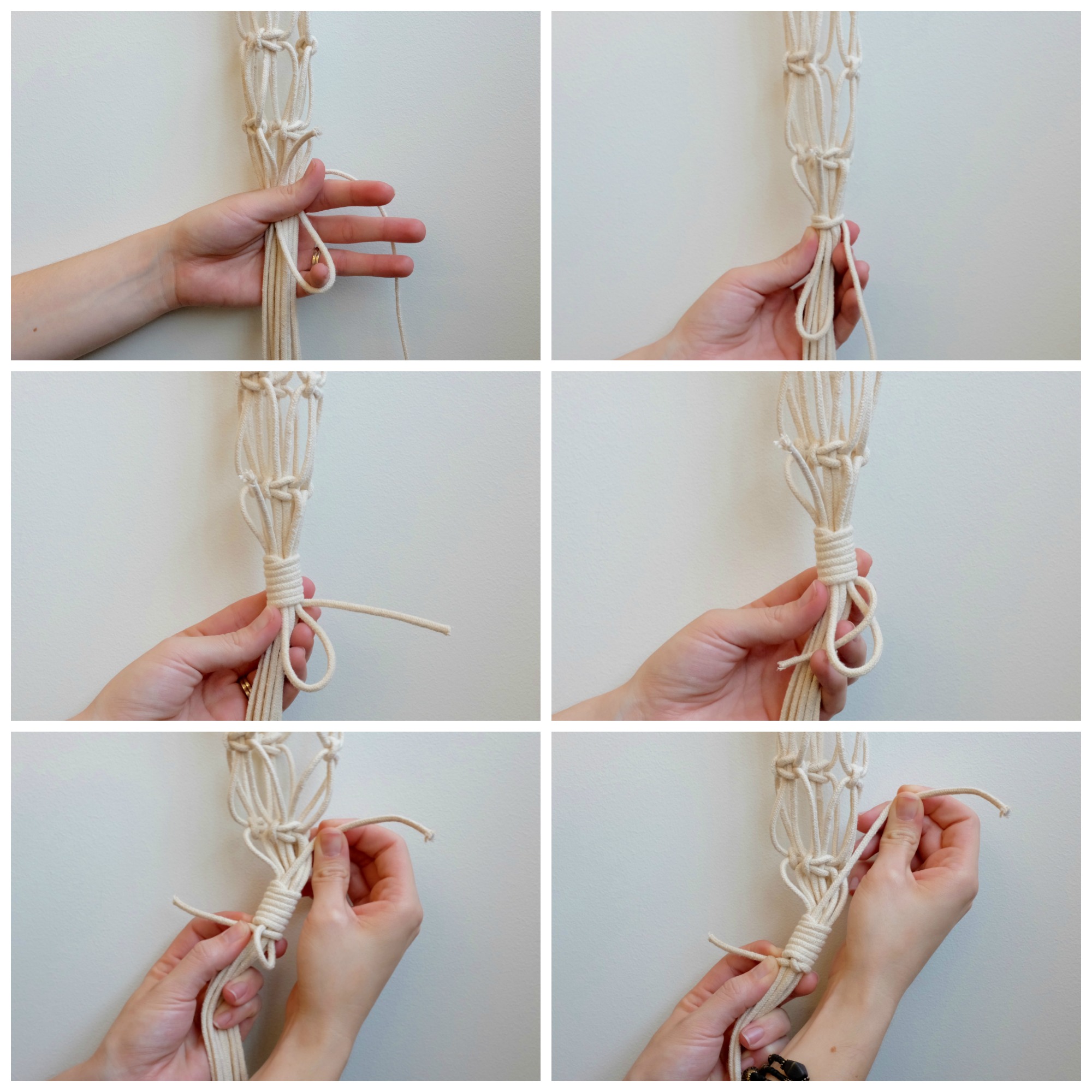 Спрятать нитки. Завершающий узел в макраме. Макраме узлы кашпо. Красивое плетение из веревки. Завязывание узлом макраме.