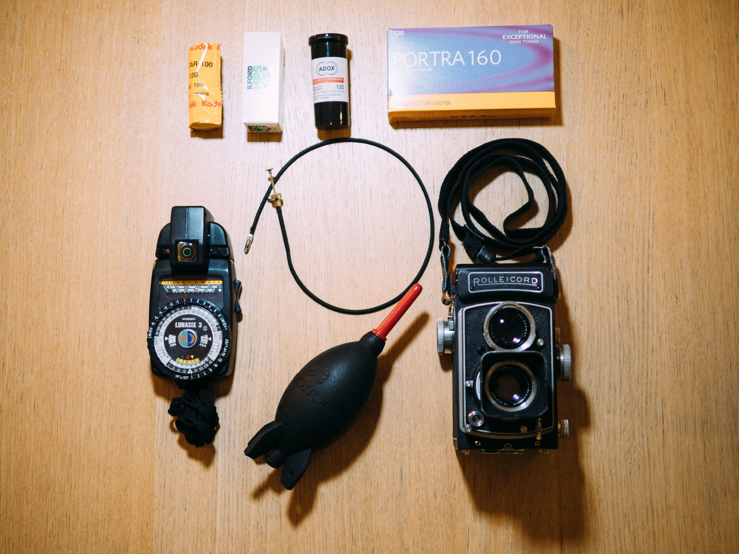 Rolleicord, 120 film and some useful accessories.