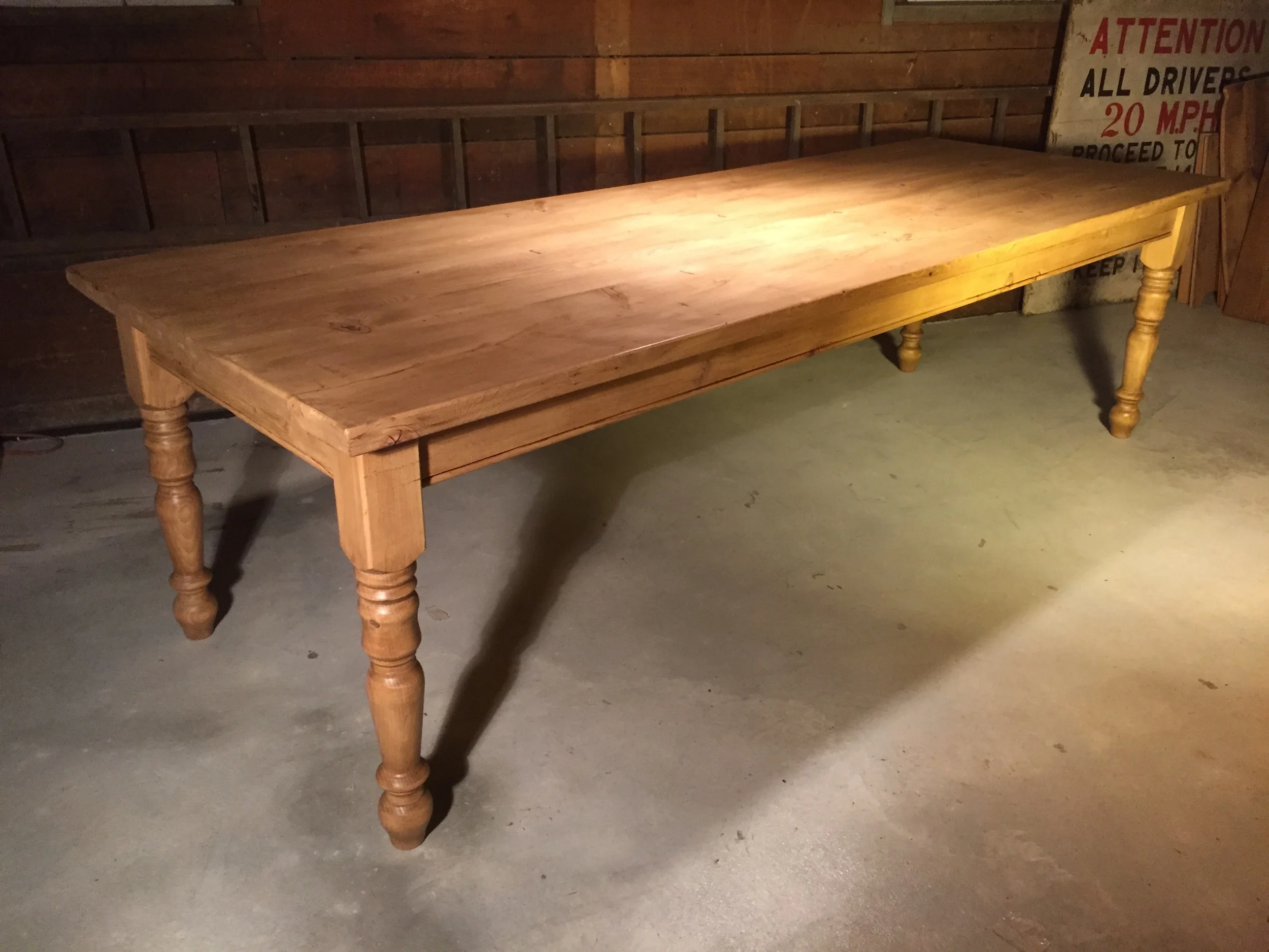 9' thick top English Pine table with Farm legs and a Stripped Pine wax finish