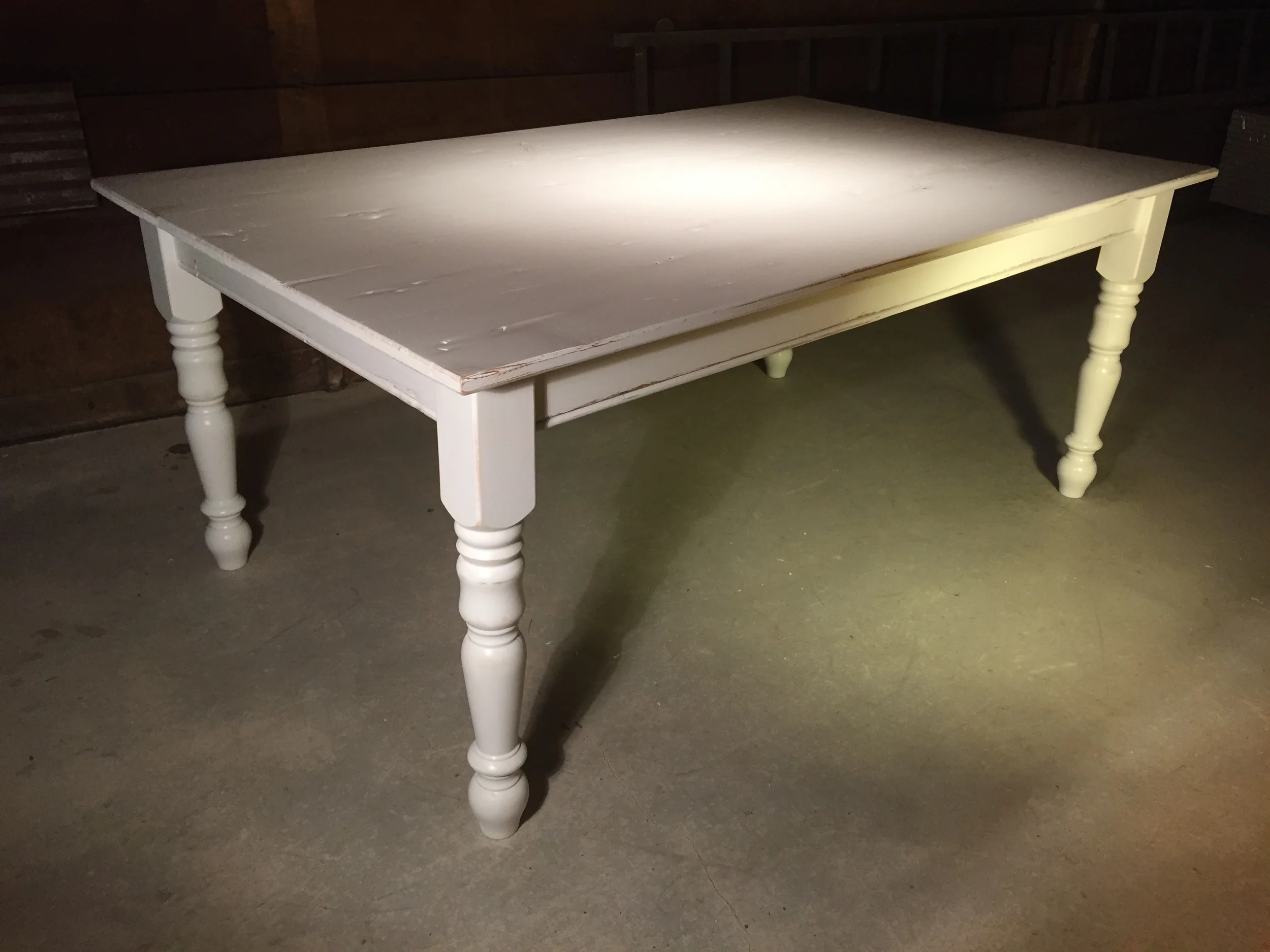6' thick top English Pine dining table with Farm leg and Snow White painted finish