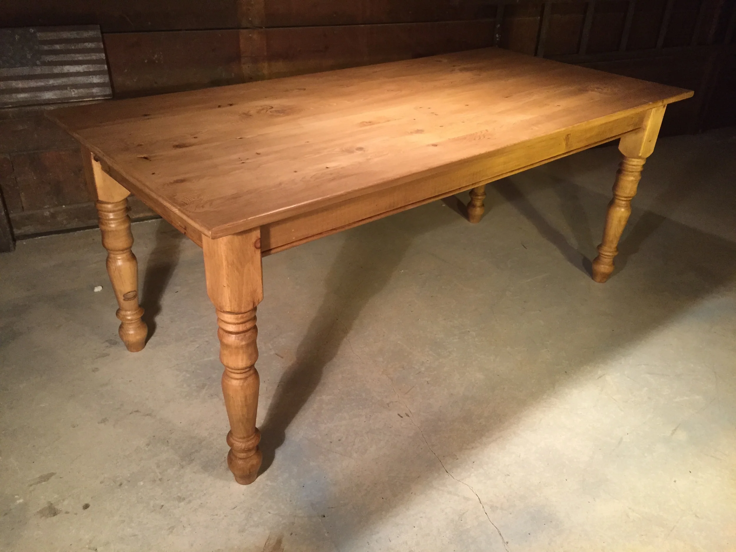 7' thin top English Pine table with turned Farm legs finished in Stripped PIne wax