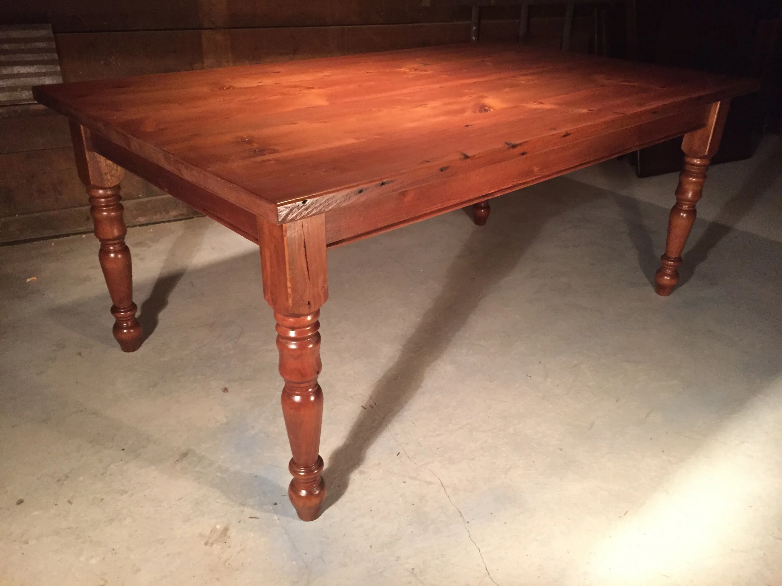 6' thick top English Pine table with turned Farm legs finished in Cherry