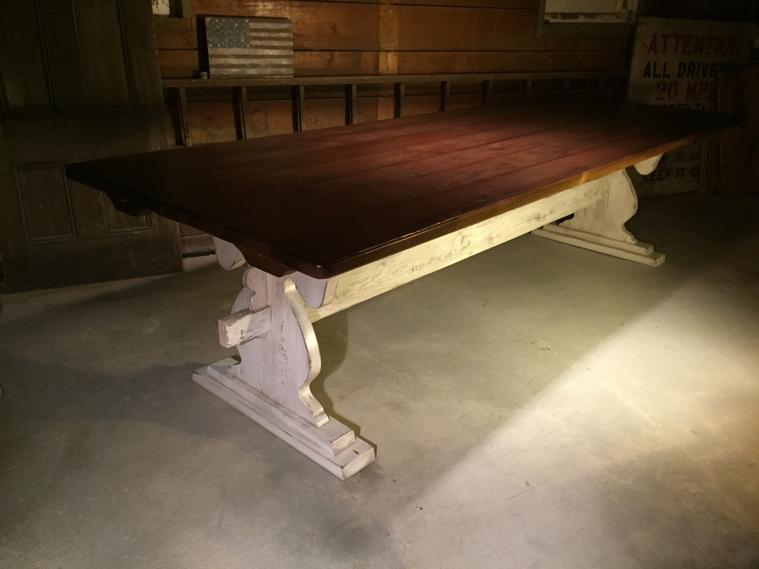 10' Custom trestle with reclaimed oak top finished in Walnut