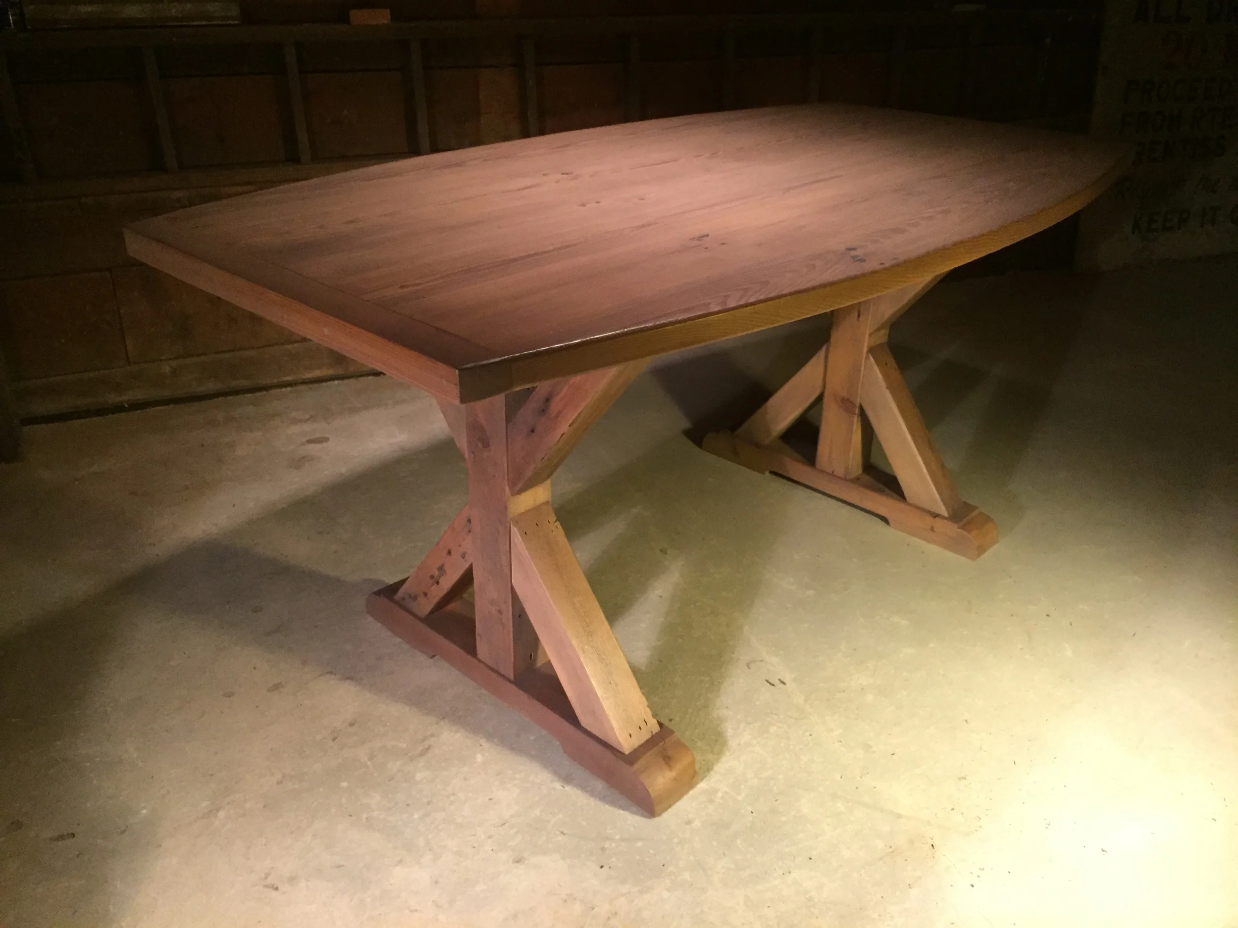 7' thick Barrel top X-Base trestle without crossbar finished in Driftwood