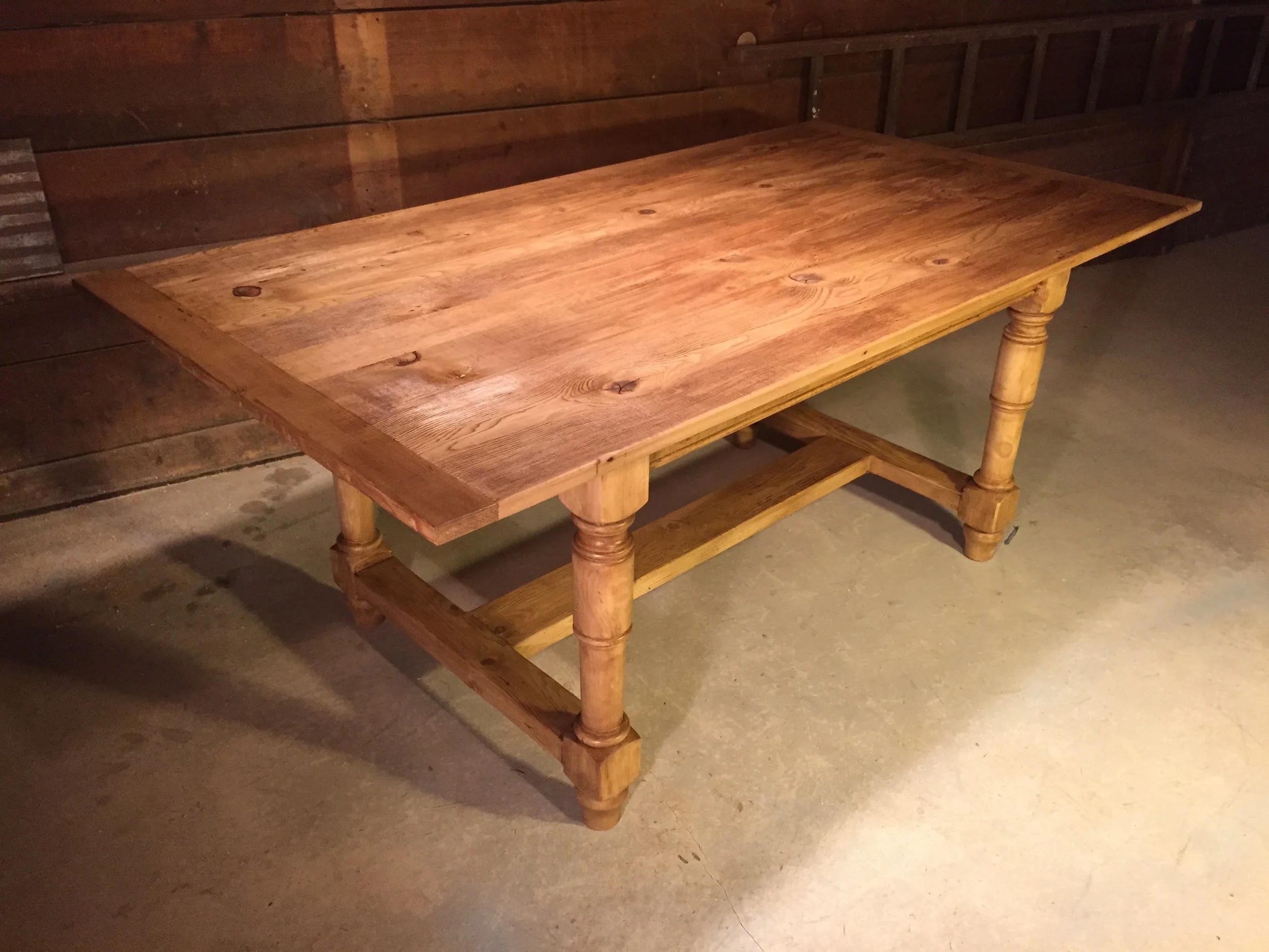 6' thin top English Pine Refectory table with 4" breadboards and turned legs finished in Stripped Pine wax