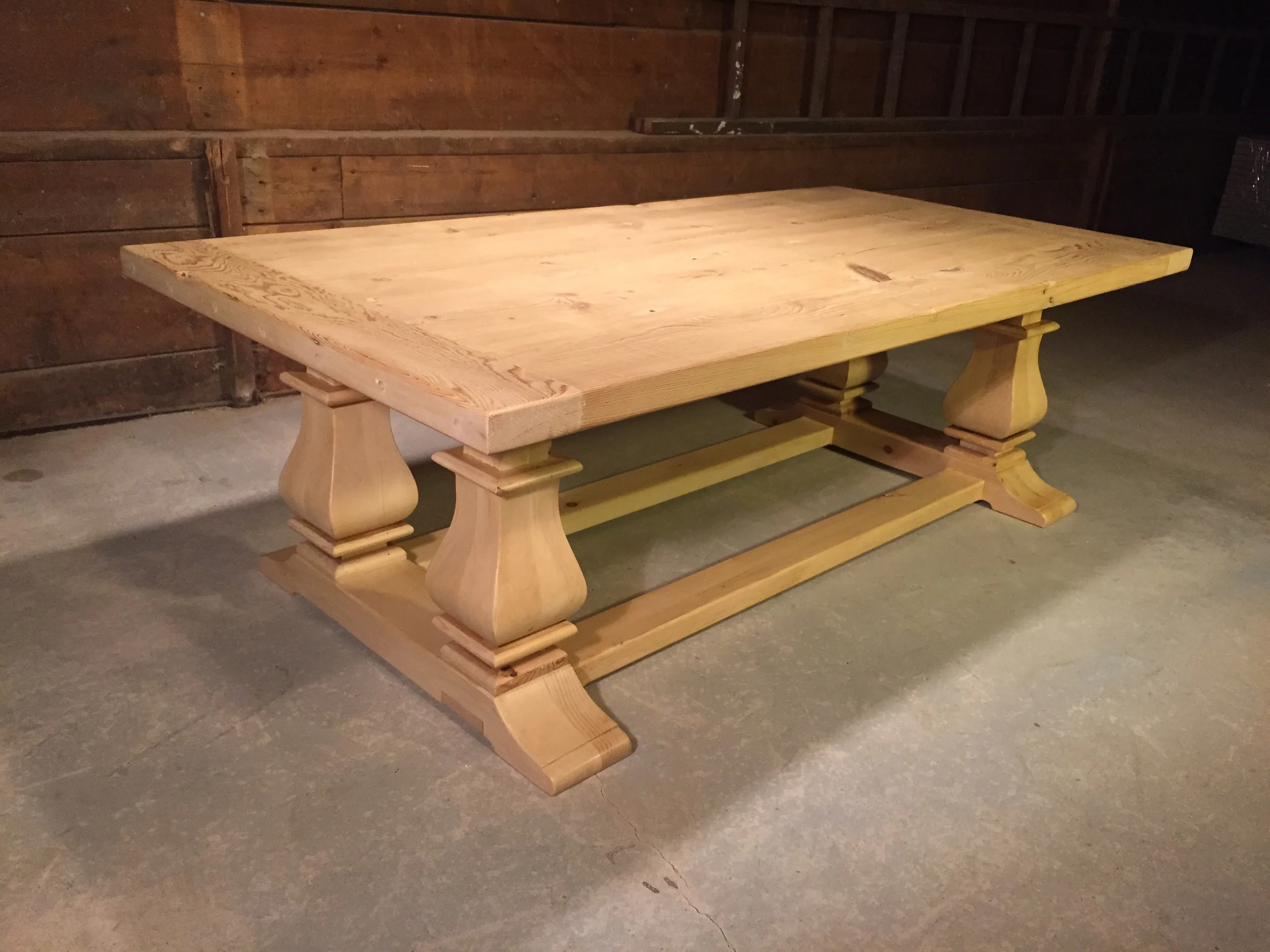 54"x36" Thick top English Pine coffee table with custom quad square pedestal base finished in clear wax