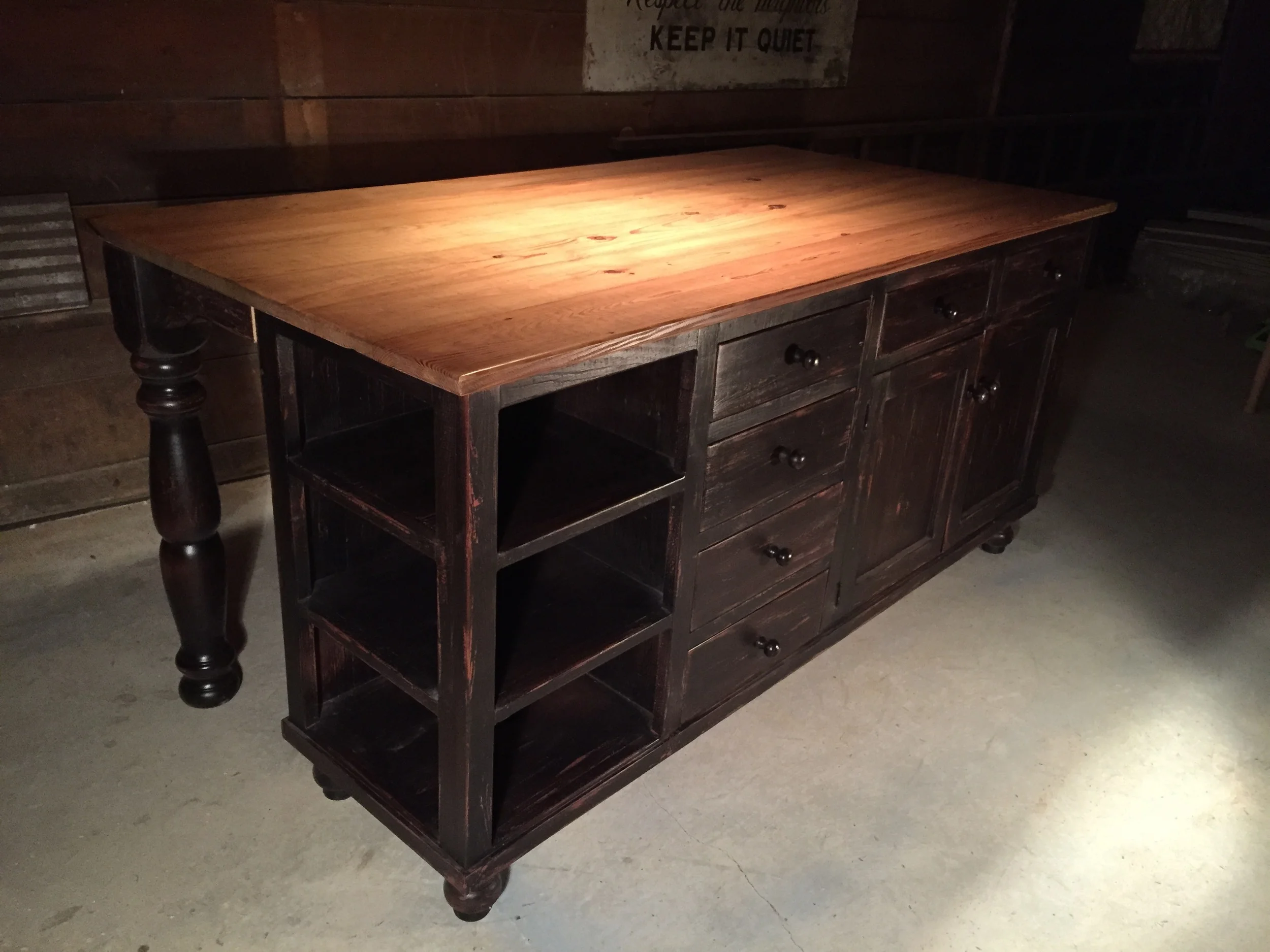 80"x40"x36"h Large Kitchen Island finished in Golden Brown with Black base