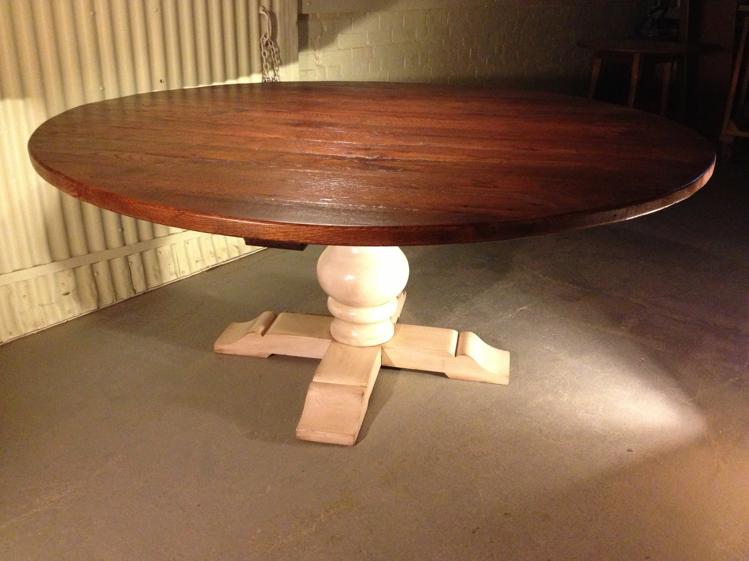 60" Thick top reclaimed oak table with Grand Classic pedestal finished in Walnut with a glazed Snow White base