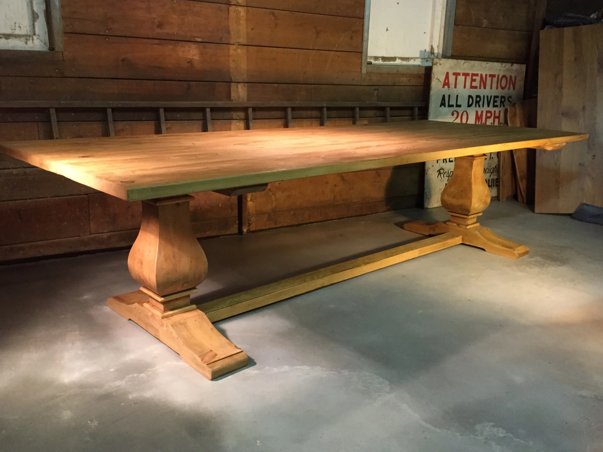 108"x42" thick top English Pine custom double square pedestal finished in Stripped Pine wax
