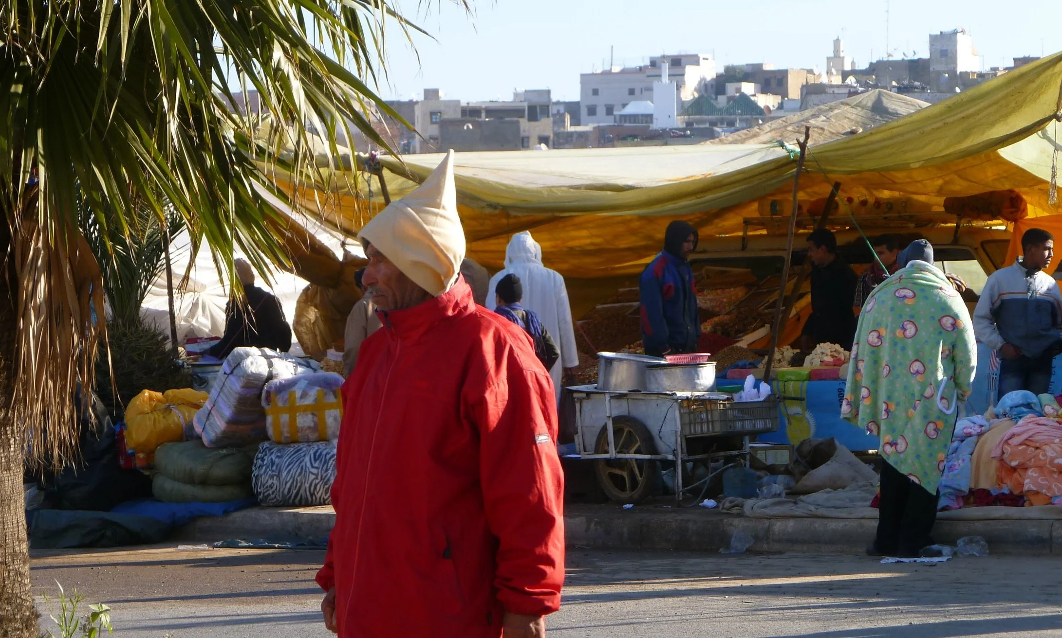 Vendors set up temporarily during the Miloud festival