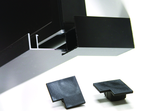 MonitorMaker kit for corner connector includes four rough cut extrusions with trim bases, black corner caps and compression blocks.