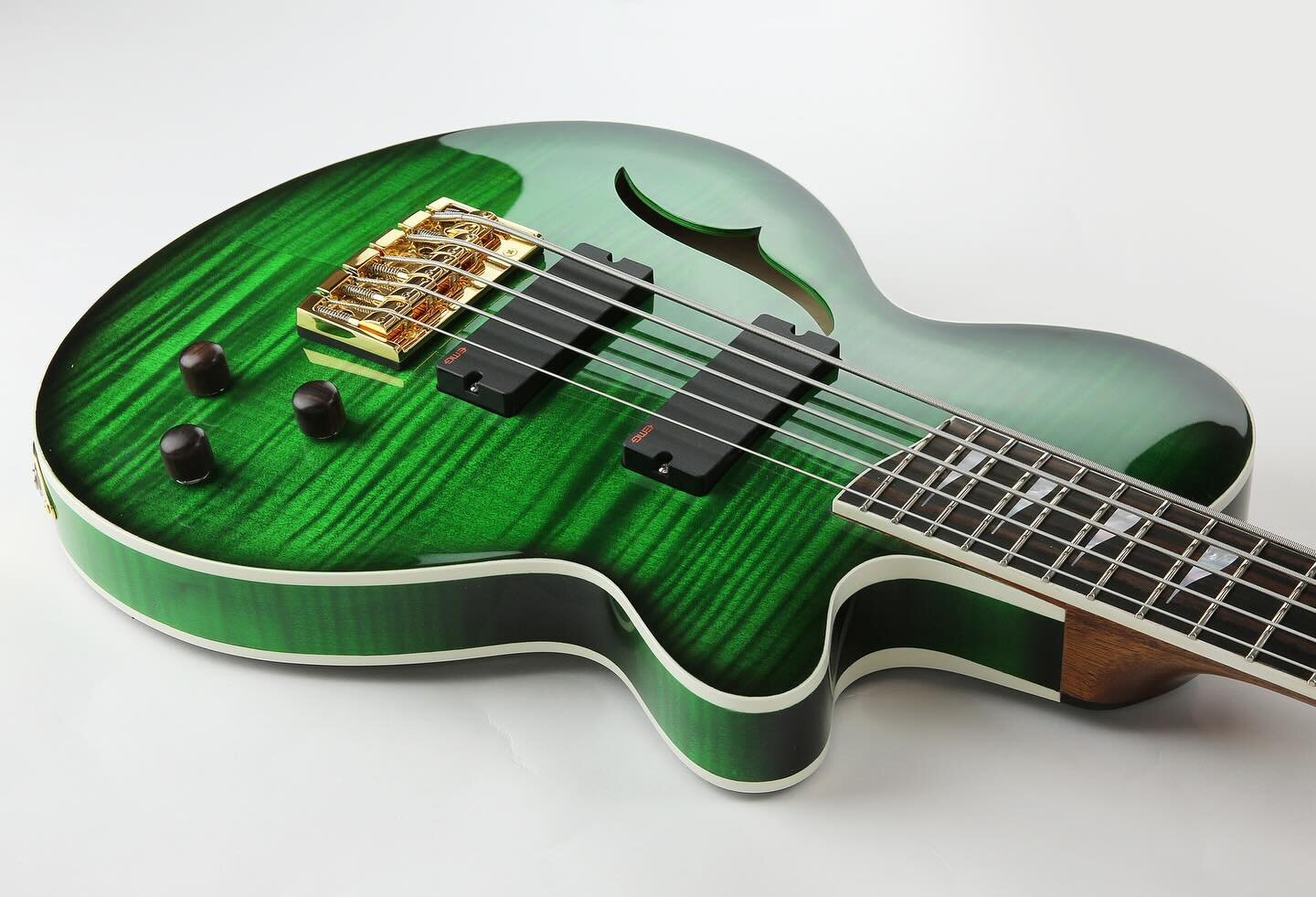 CASE B2
A Very special 5 string bass commission is ready to ship. Our customer requested a resonant, versatile and comfortable hollow body bass with magnetic control cover, trans green black burst, macassar ebony fingerboard and custom pearl inlays. 