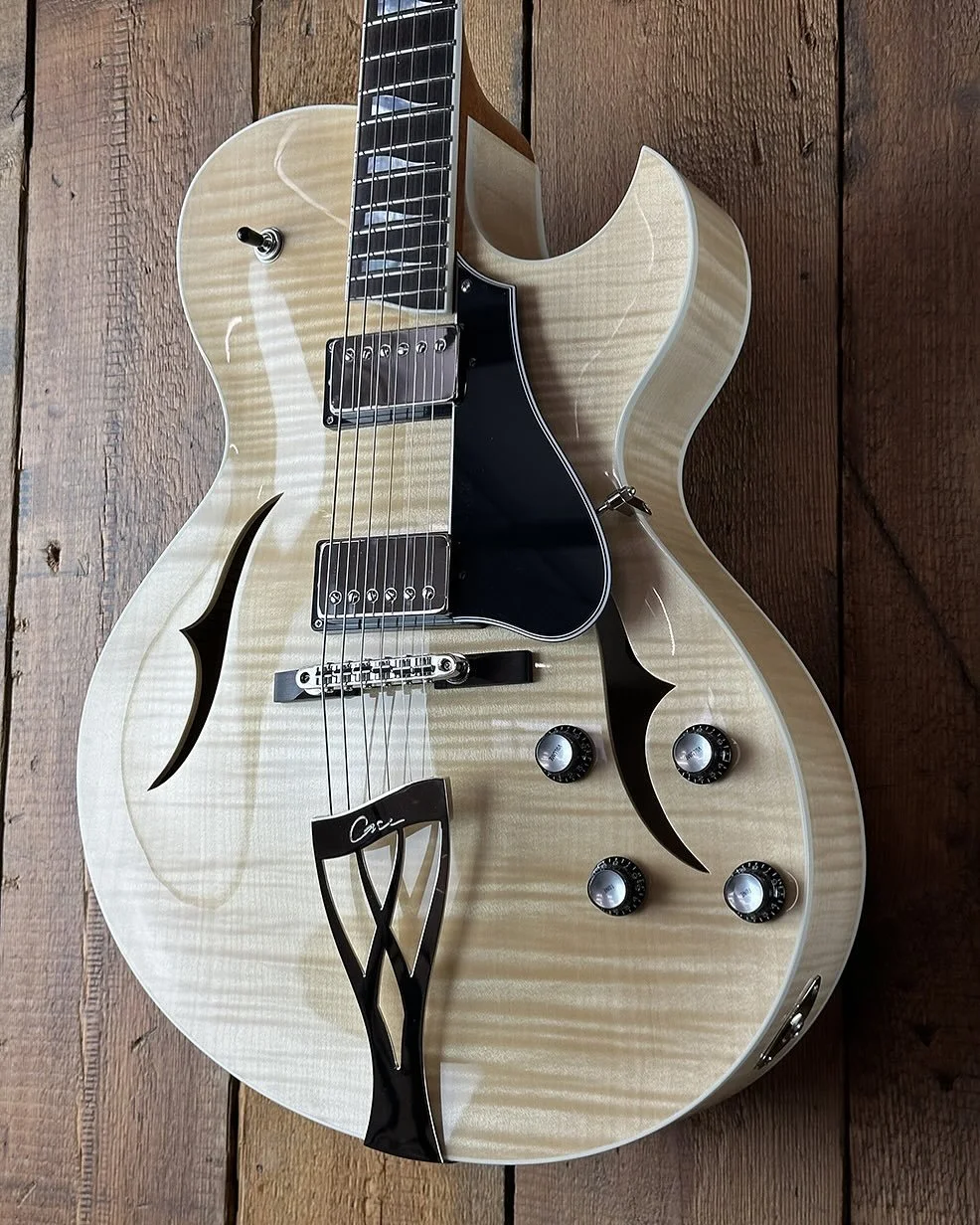 This beautiful blonde J3 Florentine is now ready to send to our customer. The offset design allows for easy access to the top frets and creates a good balance. #caseguitars #archtopguitar #guitarist #jazzguitar #bareknucklepickups