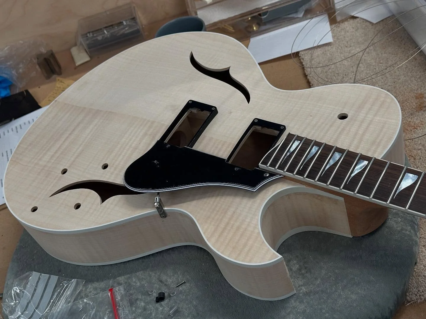 J3 Florentine archtop with a beautiful bookmatched flame maple top. This one will have a natural blonde finish. #caseguitars #archtopguitar #guitarist #jazzguitar