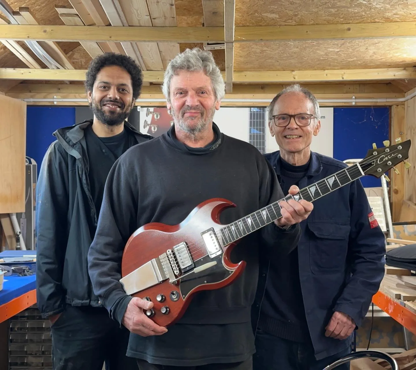 We visited our friend and luthier, Andy Crockett. Andy built an archtop for the great Jim Mullen&mdash;an instrument I had designed with him. During the visit, he tried out our JS Standard, which was inspired by a 1961 SG Standard he had owned as a t