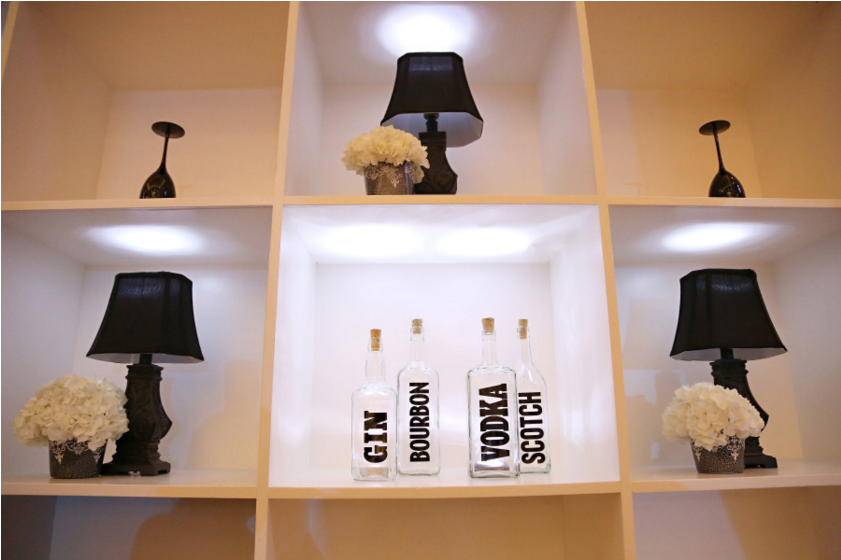 black lamps on bar shelf