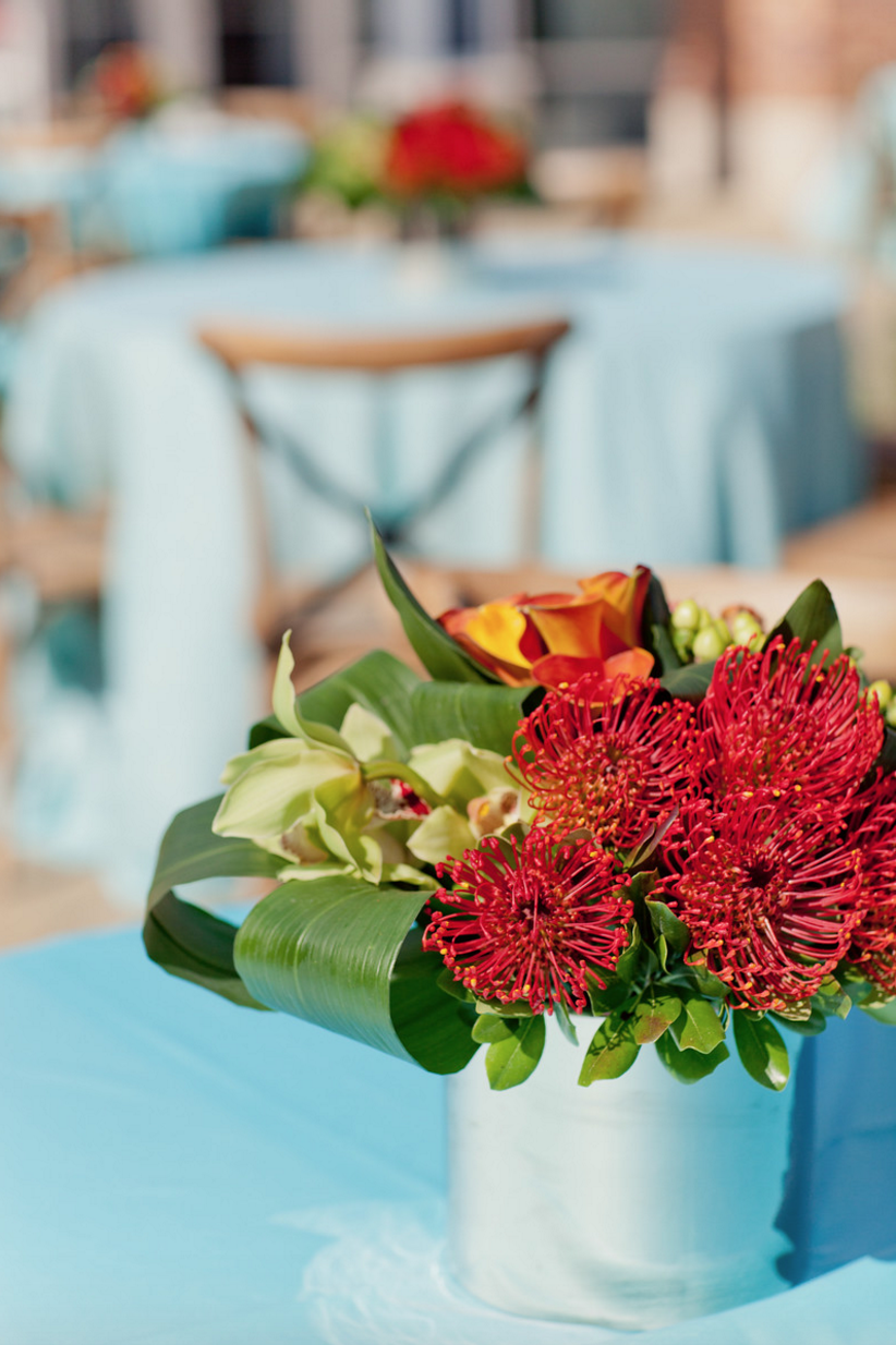 Tanger Outlet Grand Opening Blue and Red Tablescape with Flowers
