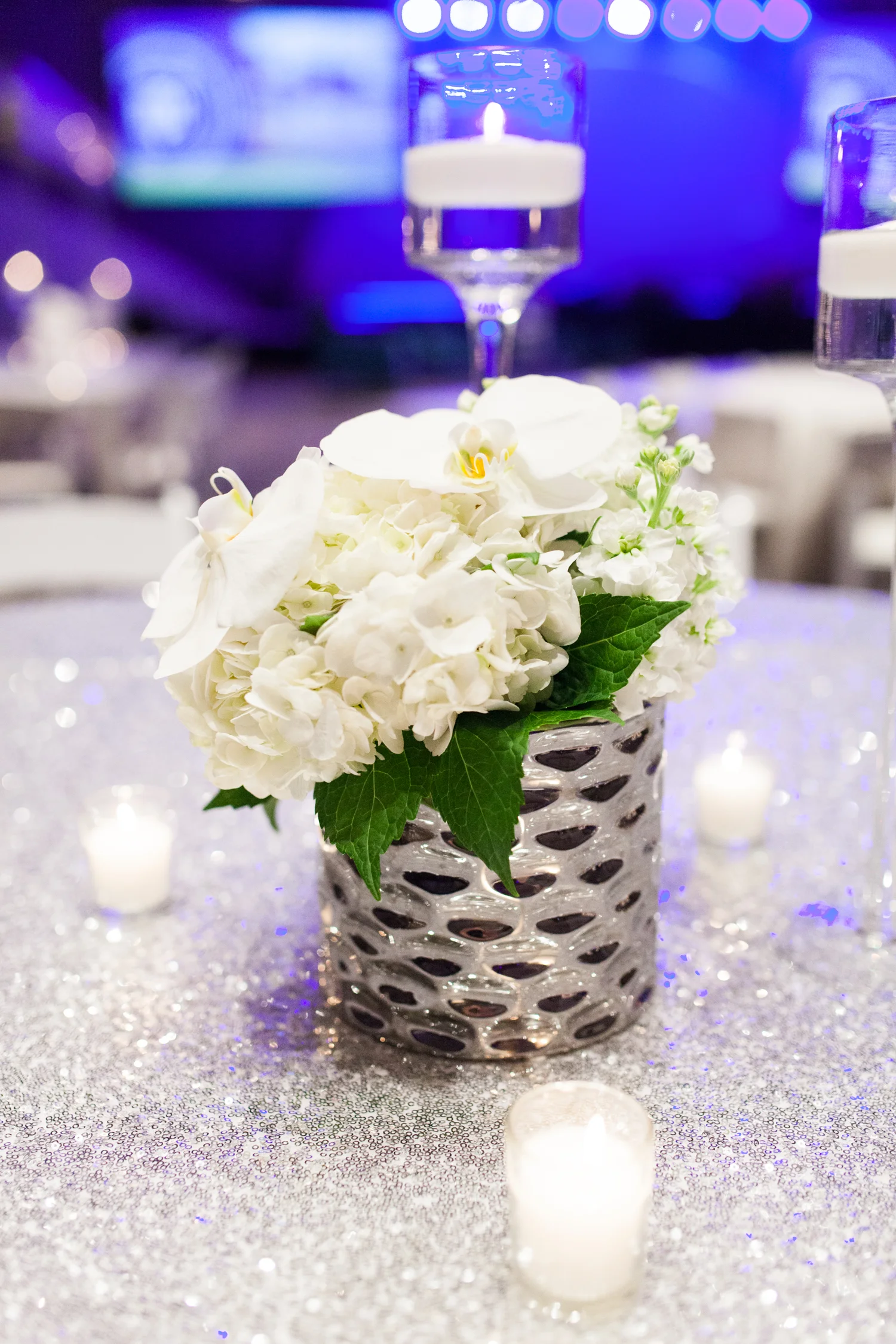 Amway Event in Grand Rapids with Silver and White Floral Arrangements
