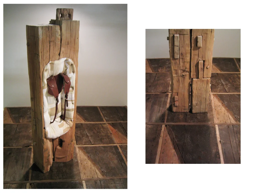 14) Hiding Log 2003 [interior:exterior] wood, textiles, leather 24”x72”x12”.jpg