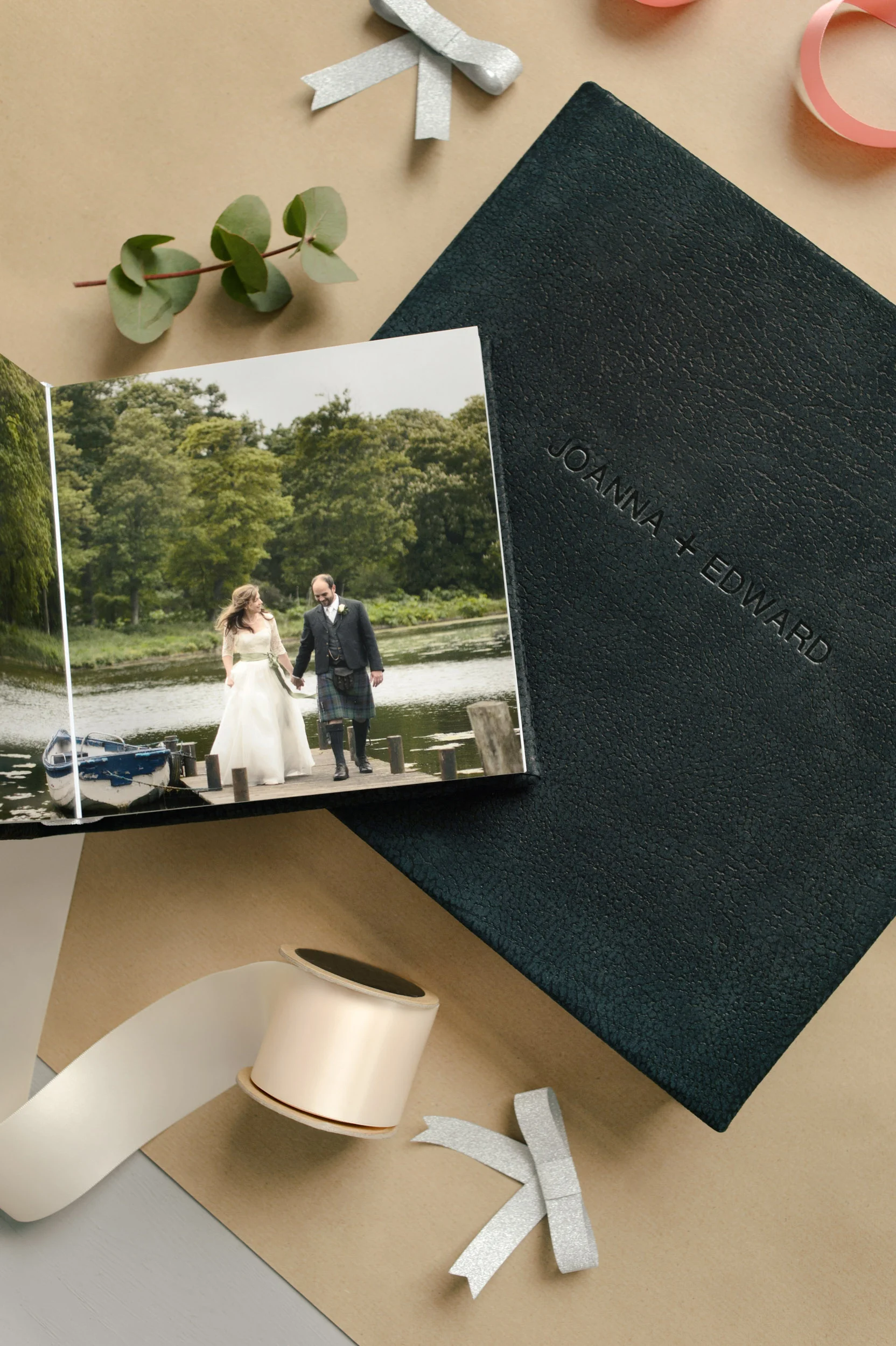 Joanna + Edward, 12" x 12" Duo, Blueberry contemporary leather with embossing, parent copy album