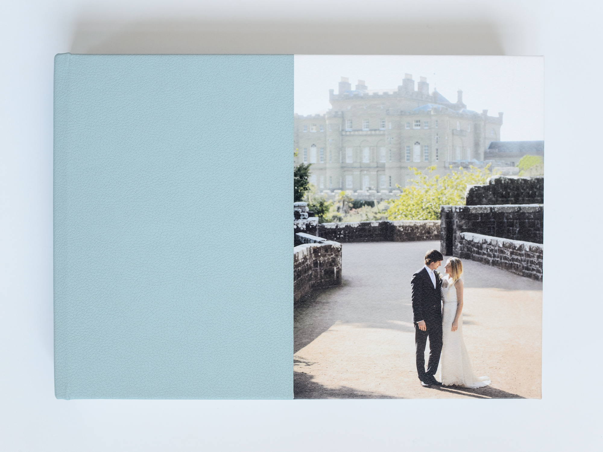 Holly + Andy, 14" x 10" Overlay, Powder Blue microleather, half photofront