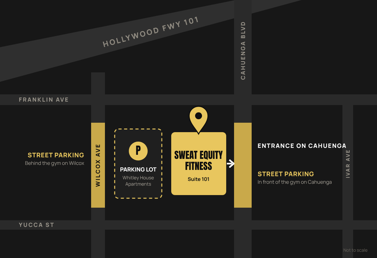 Map of the Hollywood studio at 1947 N. Cahuenga Blvd between Franklin Ave and Yucca St: entrance on Cahuenga, parking lot behind the gym on Wilcox at the Whitley House Apartments, and street parking on Cahuenga and Wilcox.