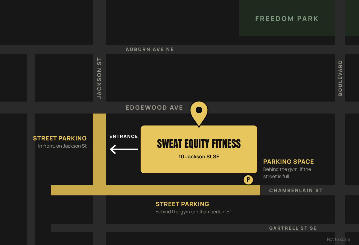 Map of the Old Fourth Ward studio at 10 Jackson St SE near Edgewood Ave: entrance facing Jackson St, street parking in front on Jackson St and behind the gym on Chamberlain St, plus one parking space behind the gym if the street is full.