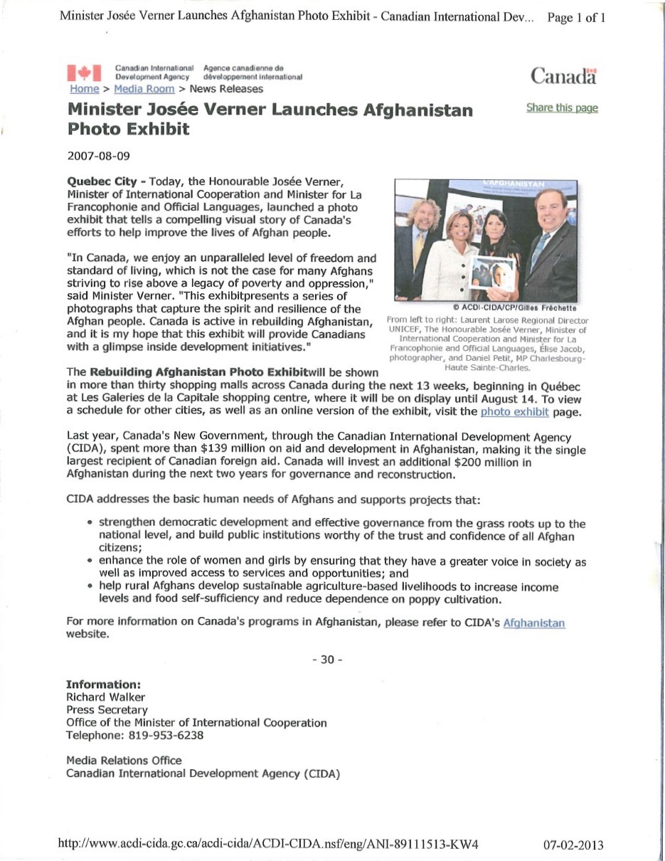 Canadian Government: Exhibition on Afghanistan 