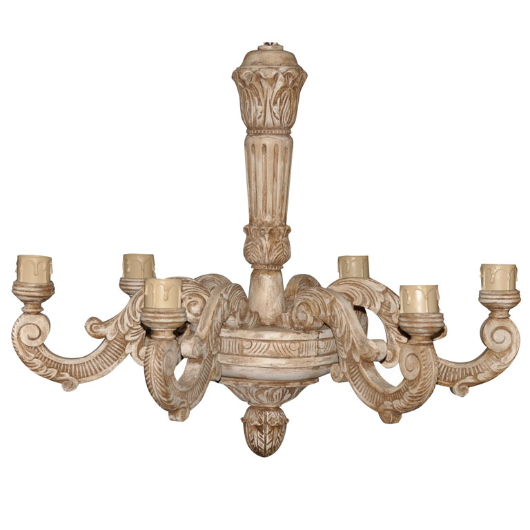 French Carved Wood Chandelier, Carved Wood Painted Chandelier